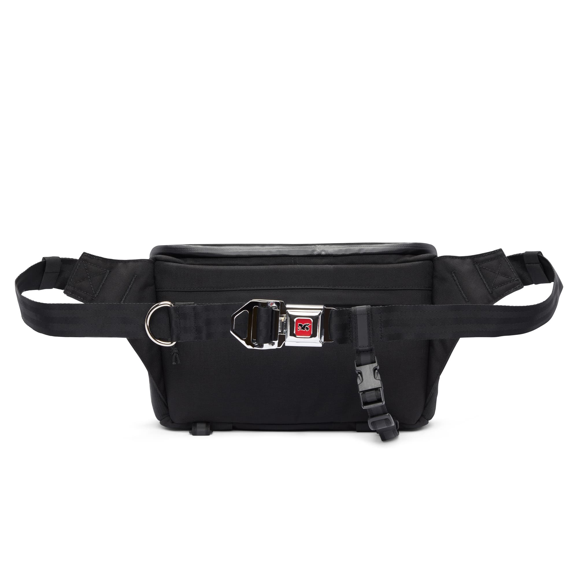 Niko tech camera sling in black back view with iconic Chrome buckle